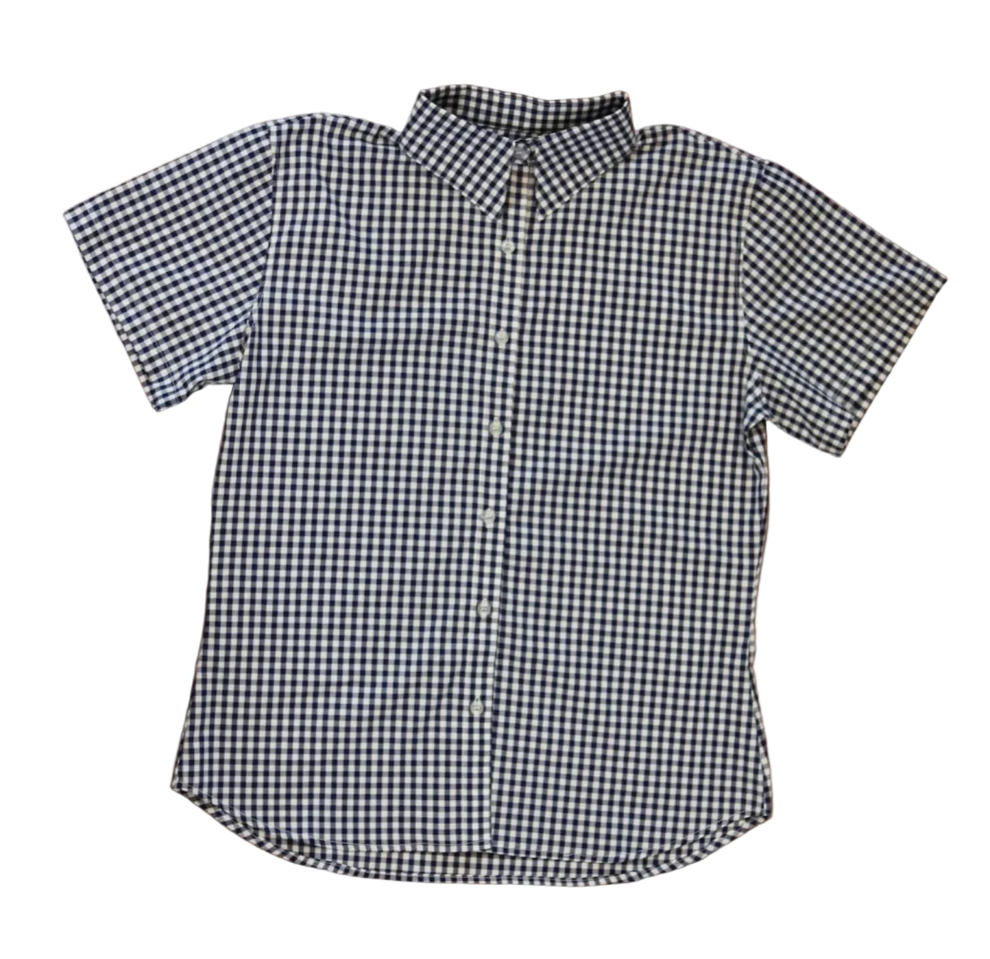 Women's navy blue gingham short sleeve button down 100% cotton