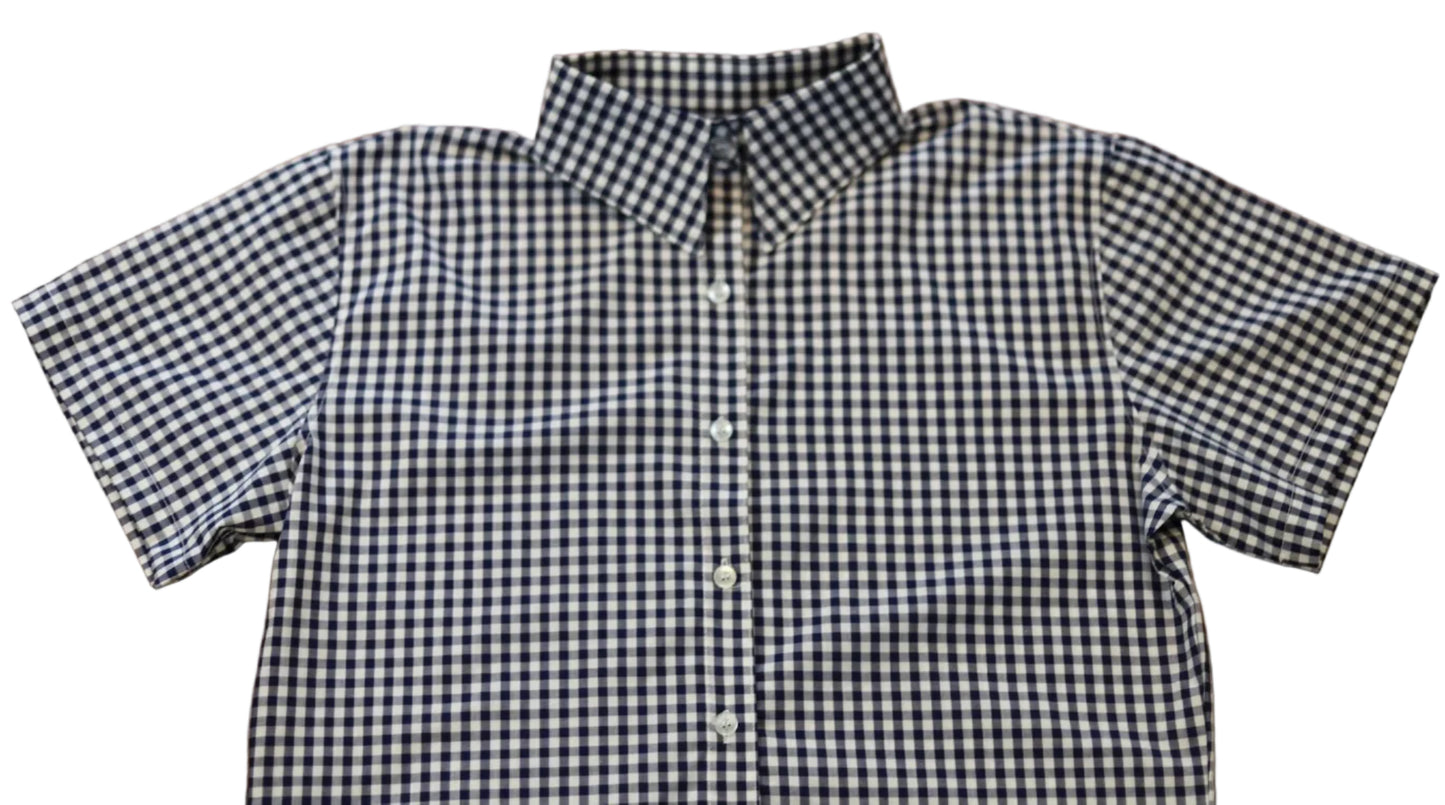 short sleeve close up of sleeve of women's navy blue gingham top and collar and short sleeves
