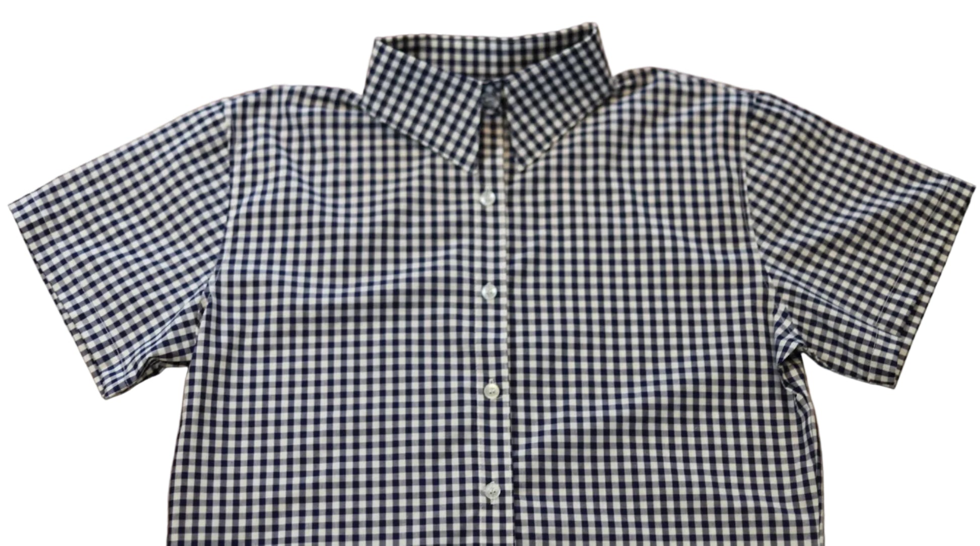 short sleeve close up of sleeve of women's navy blue gingham top and collar and short sleeves