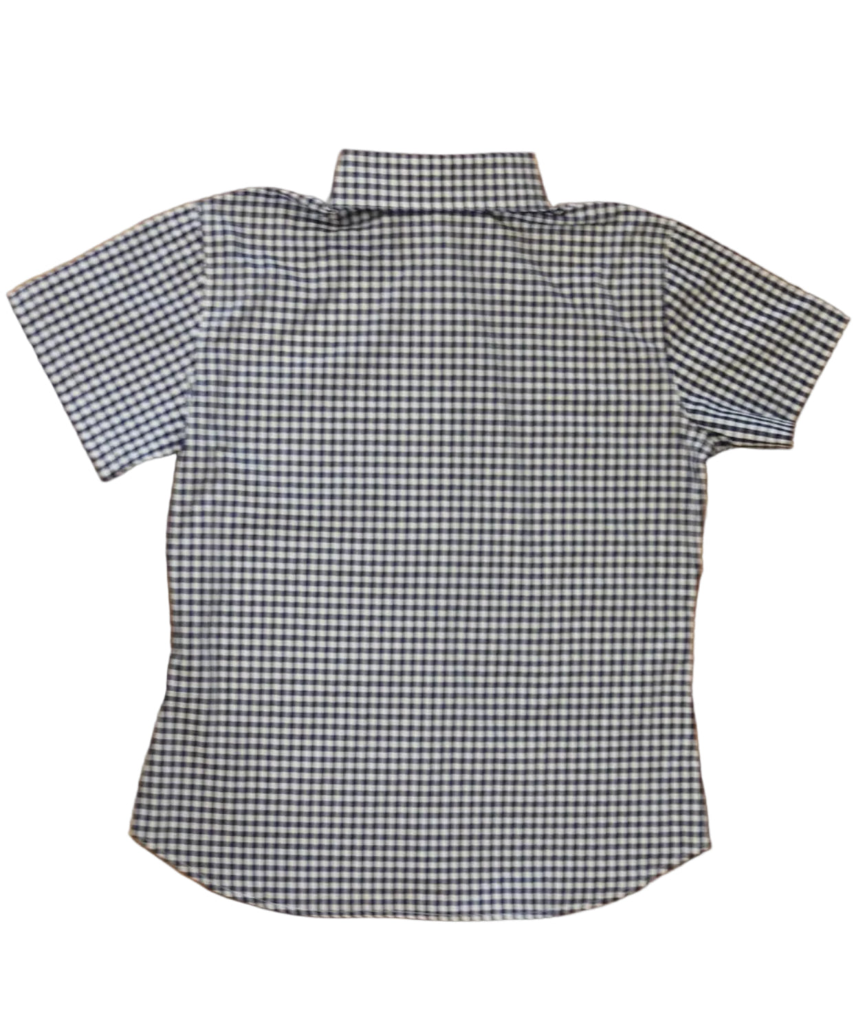 short sleeve button down back of top close up of sleeve of women's navy blue gingham top