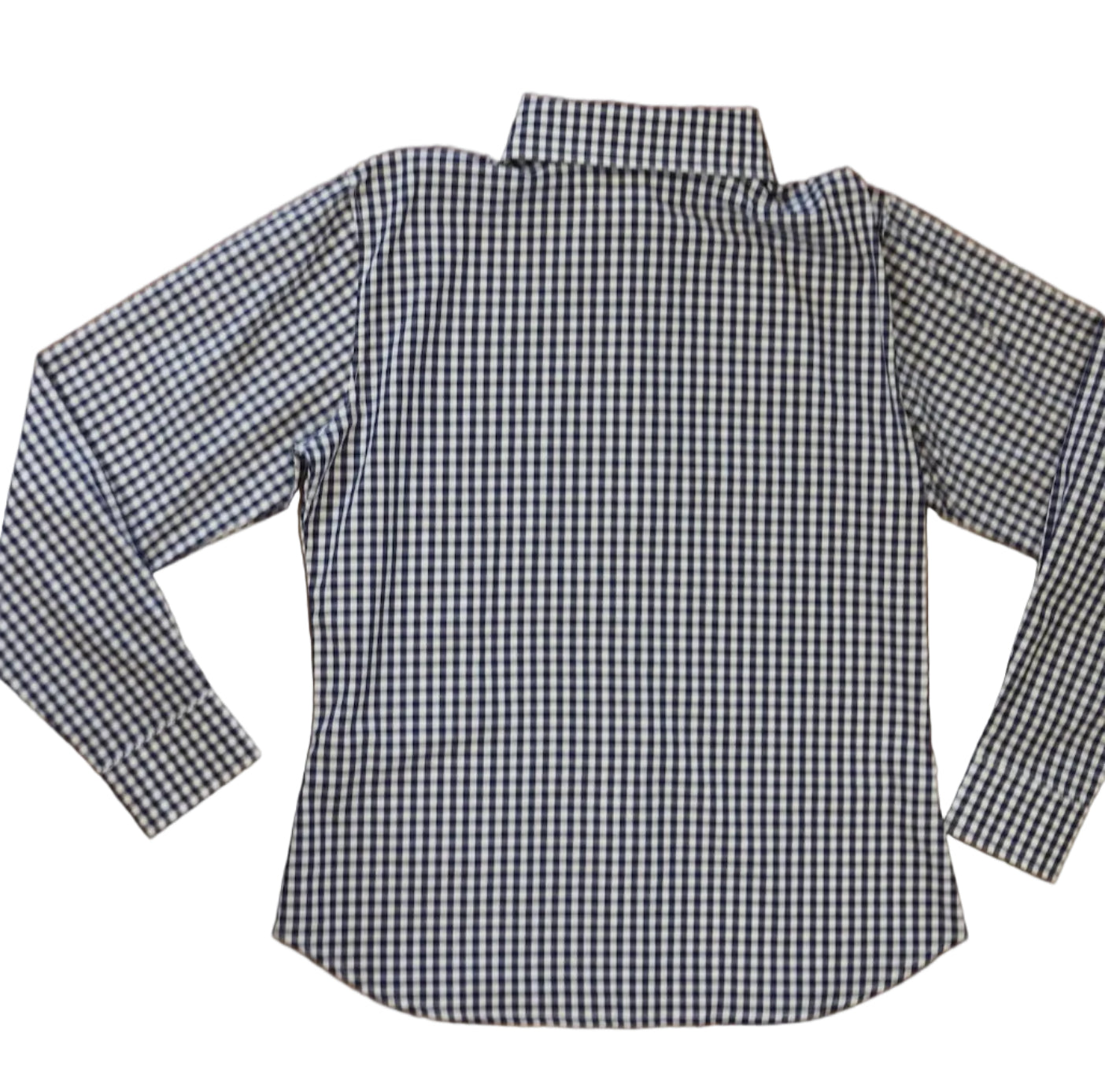 woman in cowgirl hat wearing gingham navy blue long sleeve shirt button down